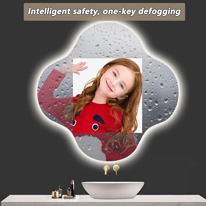 Irregular Bathroom Mirror with LED Light, Wall Mounted Mirror with Demister Pad, 3-Color Dimmable LED Light, for Wall, Living Room, Bedroom, Vanity, Entryway(80cm/31.5in)