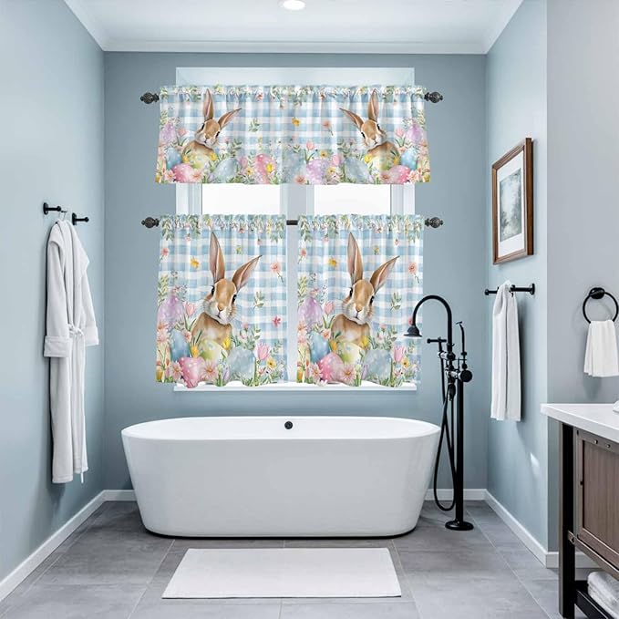 Kitchen Curtains Tiers and Valance Set of 3, Easter Light Filtering Window Curtain Set, Spring Rabbit Eggs Seasonal Flowers Blue Lattice Rod Pocket Curtain Drapes for Living Room, 24 Inches Tiers