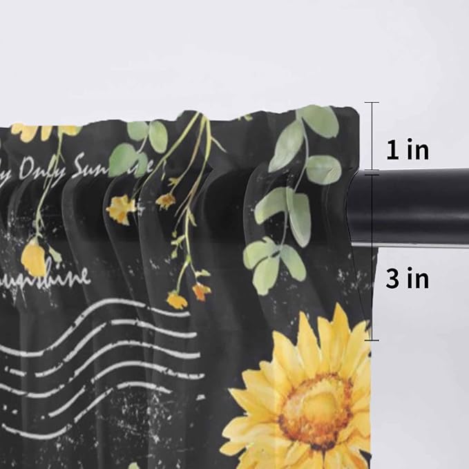 Summer Floral Sheer Valance Curtains, Watercolor Sunflower Eucalyptus Leaves Letter Print Light Filtering Kitchen Valances Rod Pocket Voile Curtain Treatment for Bedroom/Living Room/Basement 60Wx18L