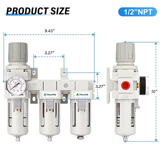 TAILONZ PNEUMATIC 0-150PSI 1/2 Inch NPT Grade 3 Stage Air Drying System, Particulate Filter, 5/0.01 Micron Filter Air Filter Pressure Regulator (Manual Drainage）