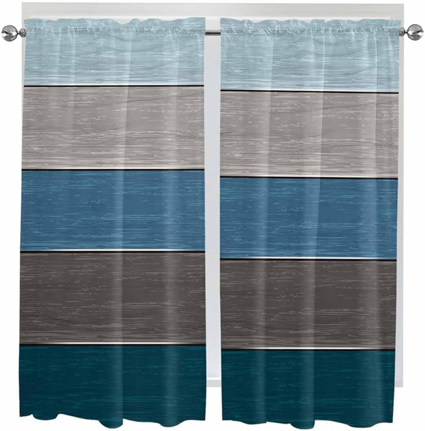 Retro Farm Blue Gray Wood Grain Window Valance Curtains, Rustic Wooden Plank Light Filtering Kitchen Valance with 3-inch Rod Pocket for Living Room Bathroom Bedroom,2 Panel,42x63In