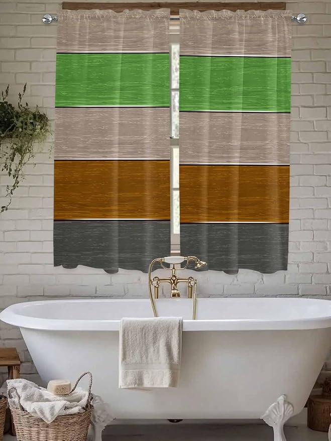 Farm Gray Green Brown Wood Grain Window Valance Curtains, Rustic Wooden Plank Light Filtering Kitchen Valance with 3-inch Rod Pocket for Living Room Bathroom Bedroom,2 Panel,42x63In