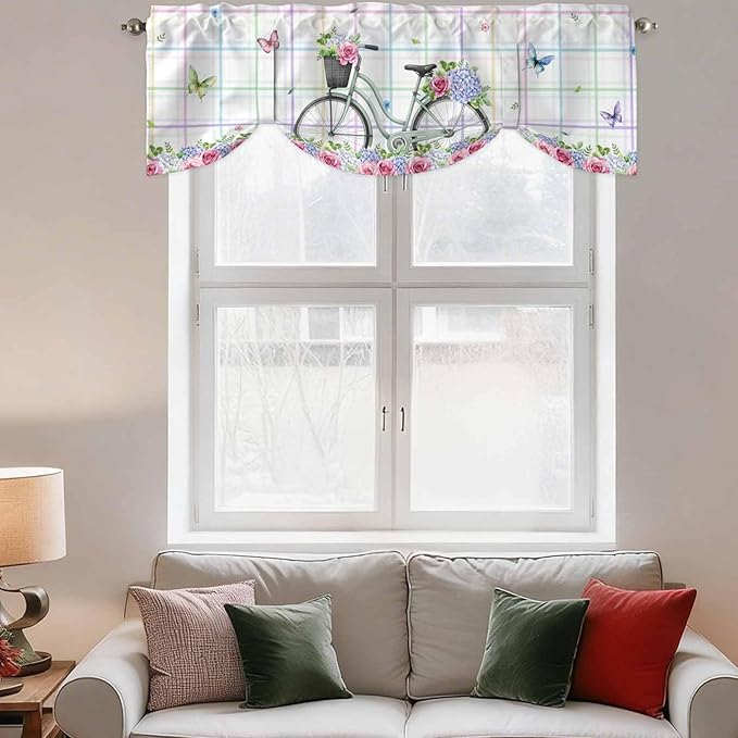 Spring Tie Up Valance Curtains for Windows, Kitchen Curtains Window Shades, Bicycles Botanical Leaves Rose Colorful Stripes Light Filtering Roman Curtain Valances for Bedroom/Bathroom/Cafe 42"x12"