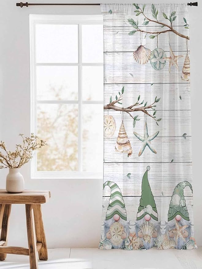Sheer Curtains 84 Inches Long, Sage Green Gnomes Semi Sheer Curtains Light Filtering Window Treatment, Eucalypus Coastal Anchor Retro Wood Privacy Voile Drapes for Living Room Bedroom 52x84 Inch