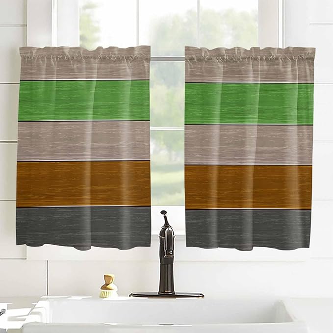 Farm Gray Green Brown Wood Grain Window Valance Curtains, Rustic Wooden Plank Light Filtering Kitchen Valance with 3-inch Rod Pocket for Living Room Bathroom Bedroom,2 Panel,27.5x45In