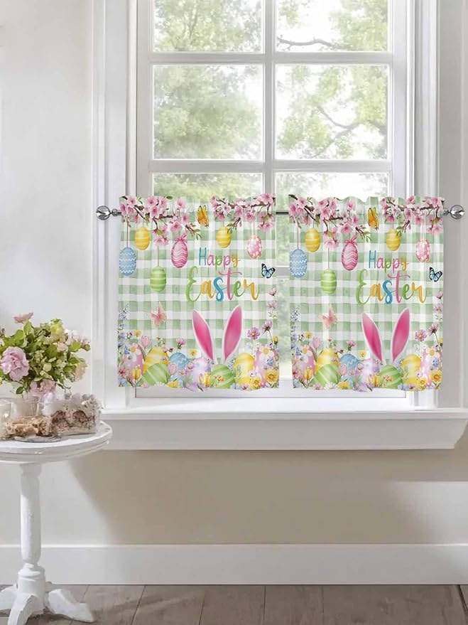 Happy Easter Half Window Curtain 36 Inches Long, Spring Bunny Eggs Flower Sage Green Plaid Window Treatment Curtain Drapes, Small Tier Curtains for Bathroom Over Sink, 27.5"x36", 2 Panels