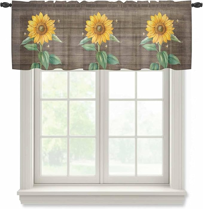 Summer Sunflower Sheer Valance Curtains, Yellow Floral Plants Bees Brown Wood Grain Light Filtering Kitchen Valances Rod Pocket Voile Curtain Window Treatment for Bedroom/Living Room/Basement 42Wx12L