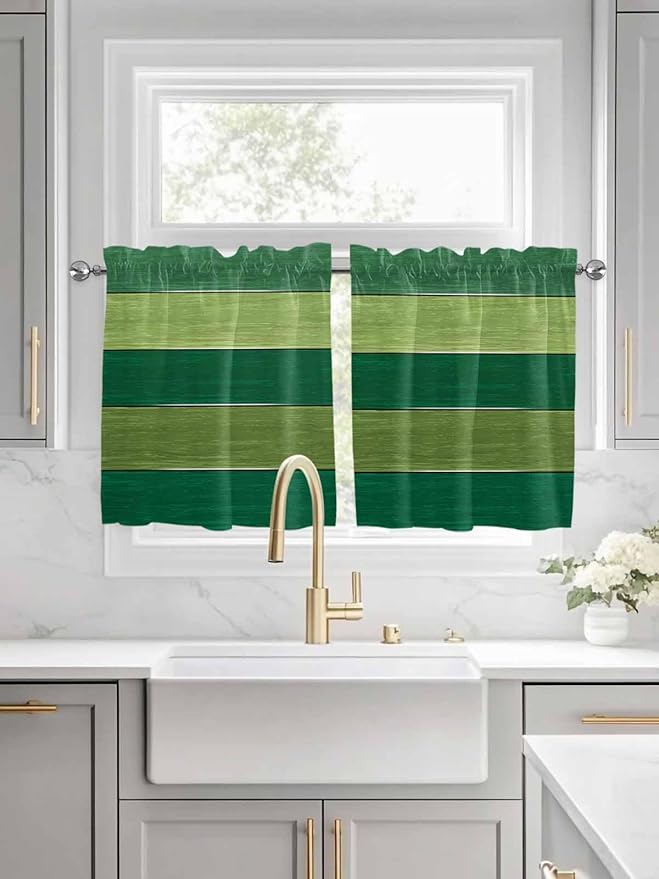 Farm Retro Green Wood Grain Window Valance Curtains, Rustic Wooden Plank Texture Light Filtering Kitchen Valance with 3-inch Rod Pocket for Living Room Bathroom Bedroom,2 Panel,27.5x36In