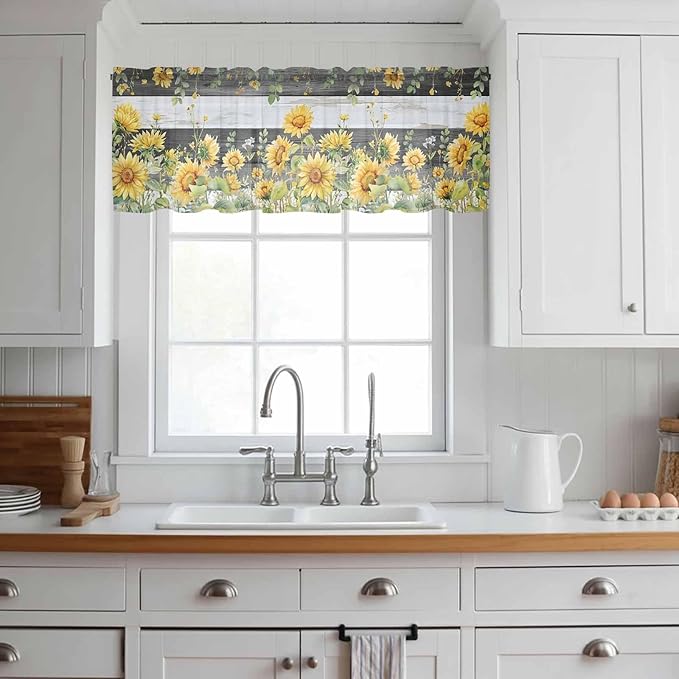 Summer Floral Sheer Valance Curtains, Watercolor Sunflower Eucalyptus Leaves Black Wood Grain Light Filtering Kitchen Valances Rod Pocket Voile Curtain for Bedroom/Living Room/Basement 54Wx18L