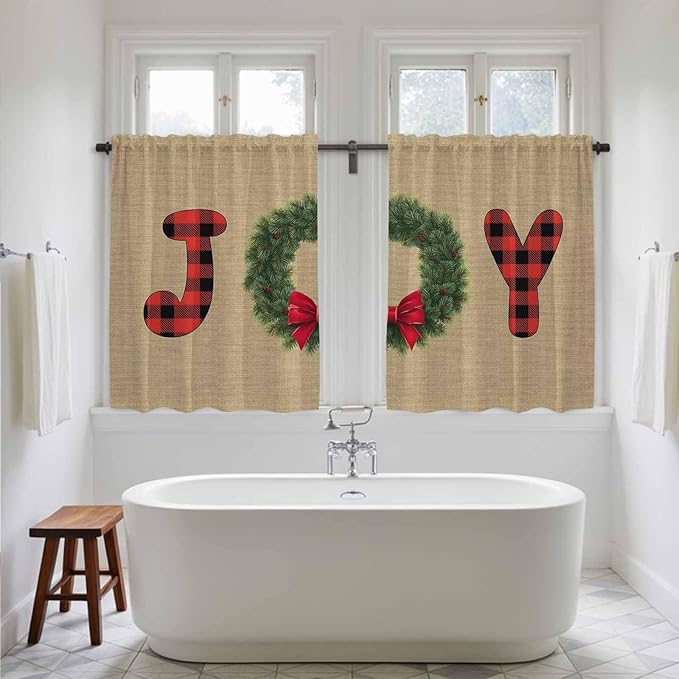 Red Green Christmas Kitchen Curtains 54 Inch Long 2 Panel Set, Rod Pocket Window Curtains Panels, Xmas Botanical Winter Farmhouse Light Filtering Privacy Draperies for Bedroom Laundry 42"W x 54"L