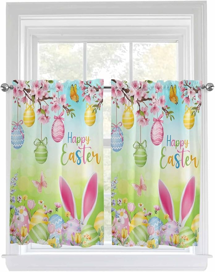 Easter Tier Curtains 45 Inches Long, Spring Bunny Colorful Rabbit Eggs Butterfly Blue Green Window Treatment Curtain Drapes, Window Half Privacy Curtains for Bedroom Bathroom, 42"x45", 2 Panels