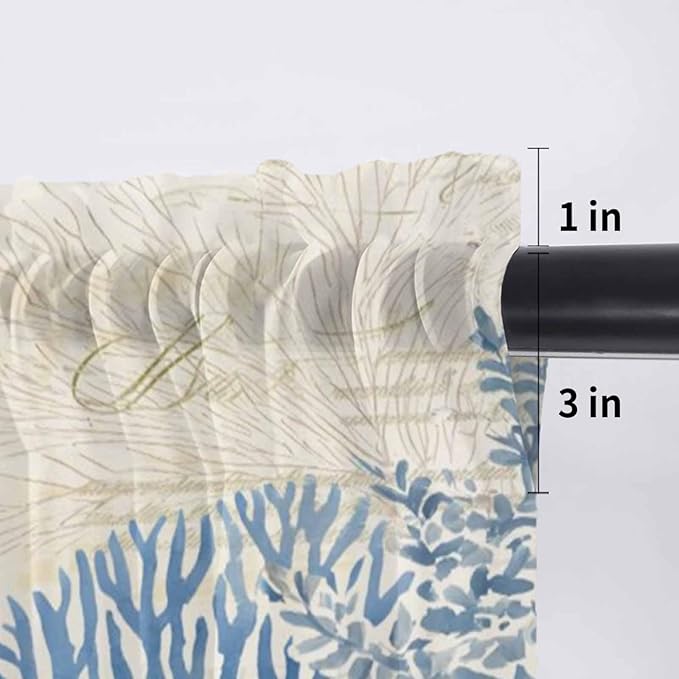 Ocean Corals Sheer Valance Curtains, Summer Beach Coral Sea Stars Retro Texture Light Filtering Kitchen Valances Rod Pocket Voile Curtain Window Treatment for Bedroom/Living Room/Basement 54Wx18L