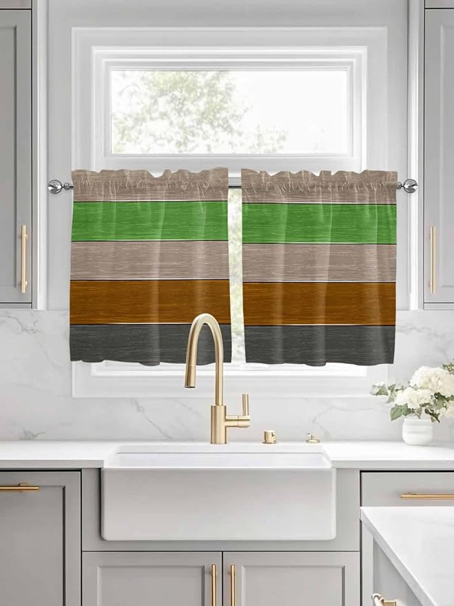 Farm Gray Green Brown Wood Grain Window Valance Curtains, Rustic Wooden Plank Light Filtering Kitchen Valance with 3-inch Rod Pocket for Living Room Bathroom Bedroom,2 Panel,27.5x36In