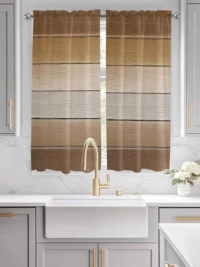 Vintage Brown Gradient Wood Grain Window Valance Curtains, Farmhouse Wood Barn Light Filtering Kitchen Valance with 3-inch Rod Pocket for Living Room Bathroom Bedroom,2 Panel,52x72In