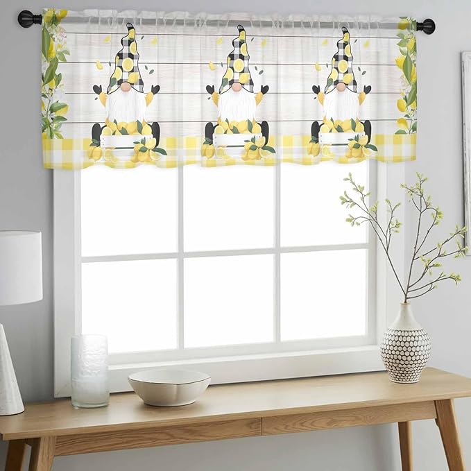 Lemon Dwarfs Sheer Valance Curtains, Gnome Green Leaf Wood Striped Black Plaid Light Filtering Kitchen Valances Rod Pocket Voile Curtain Window Treatment for Bedroom/Living Room/Basement 42Wx18L