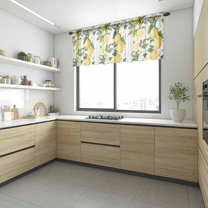 Spring Summer Lemon Sheer Valance Curtains, Leaf Flower White Wood Grain Light Filtering Kitchen Valances Rod Pocket Voile Curtain Window Treatment for Bedroom/Living Room/Basement 42Wx18L