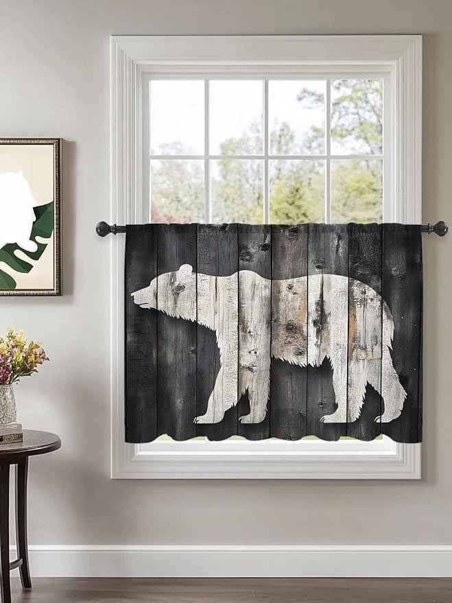 Sheer Curtains 54 Inch Length, White Brown Bear Semi Sheer Curtains Light Filtering Window Treatment, Farmhouse Country Vintage Wood Grain Privacy Voile Drapes for Living Room Bedroom 52x54 Inch