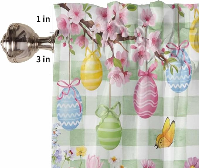 Happy Easter Living Room Curtains 72 Inches length, Spring Bunny Eggs Flower Sage Green Plaid Window Treatment Curtain Drapes, Light Filtering Drapes for Bedroom Laundry Room, 52"x72", 2 Panels