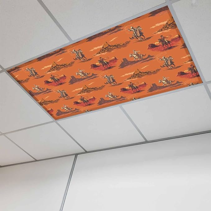 Cowboys Horses 1 Pc Fluorescent Light Cover 4 x 2 Feet, Desert Ethnic Winds Orange Background Covers for Ceiling Lights Magnetic Light Cloth Filter for Classroom Office Home