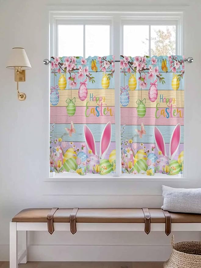 Colorful Easter Tier Curtains 45 Inches Long, Spring Watercolor Bunny Egg Flower Wood Grain Window Treatment Curtain Drapes, Small Curtain Drapes for Bathroom Laundry Room, 27.5"x45", 2 Panels
