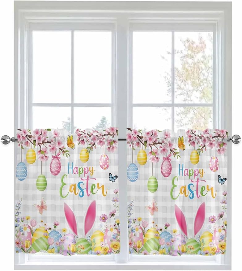 Happy Easter Half Window Curtain 36 Inches Long, Spring Watercolor Bunny Eggs Flower Grey Plaid Window Treatment Curtain Drapes, Small Tier Curtains for Bathroom Over Sink, 27.5"x36", 2 Panels