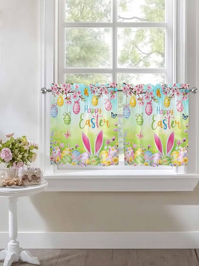 Easter Half Window Curtains 24 Inches Long, Spring Bunny Colorful Rabbit Eggs Butterfly Blue Green Window Treatment Curtain Drapes, Short Curtains Tiers for Kitchen Over Sink, 27.5"x24", 2 Panels