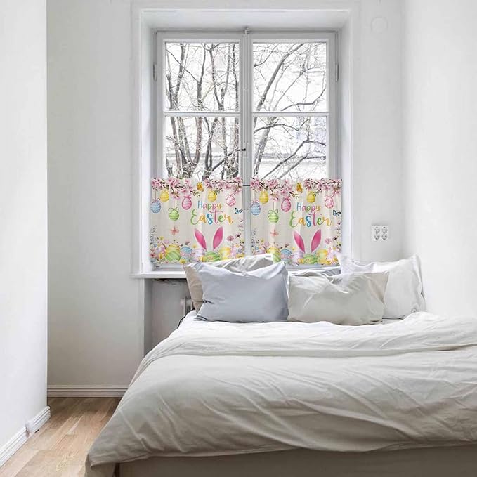 Happy Easter Half Window Curtains 24 Inches Long, Spring Farmhouse Bunny Eggs Flower Beige Window Treatment Curtain Drapes, Short Curtains Tiers for Kitchen Over Sink, 27.5"x24", 2 Panels