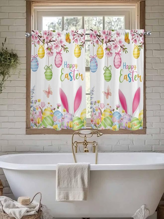 Happy Easter Tier Curtains 45 Inches Long, Spring Watercolor Bunny Eggs Flower Branch Window Treatment Curtain Drapes, Window Half Privacy Curtains for Bedroom Bathroom, 42"x45", 2 Panels