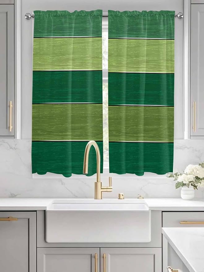 Farm Retro Green Wood Grain Window Valance Curtains, Rustic Wooden Plank Texture Light Filtering Kitchen Valance with 3-inch Rod Pocket for Living Room Bathroom Bedroom,2 Panel,42x63In