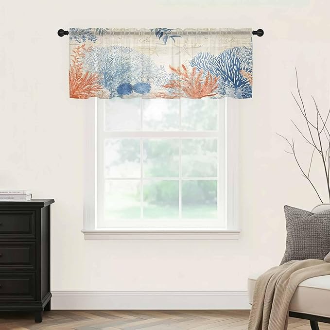 Ocean Corals Sheer Valance Curtains, Summer Beach Coral Sea Stars Retro Texture Light Filtering Kitchen Valances Rod Pocket Voile Curtain Window Treatment for Bedroom/Living Room/Basement 54Wx18L