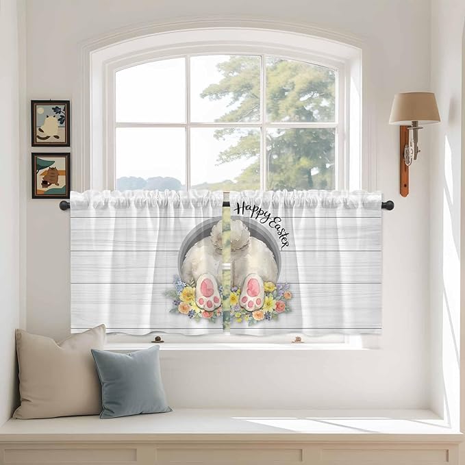 Easter Bunny Kitchen Tier Curtains 24 Inch Long 2 Panel Set,Rod Pocket Cafe Small Window Curtains Over Sink,3D Optical Illusion Farmhouse Flower Wood Grain Light Filtering Short Drapes 27.5"W x 24"L