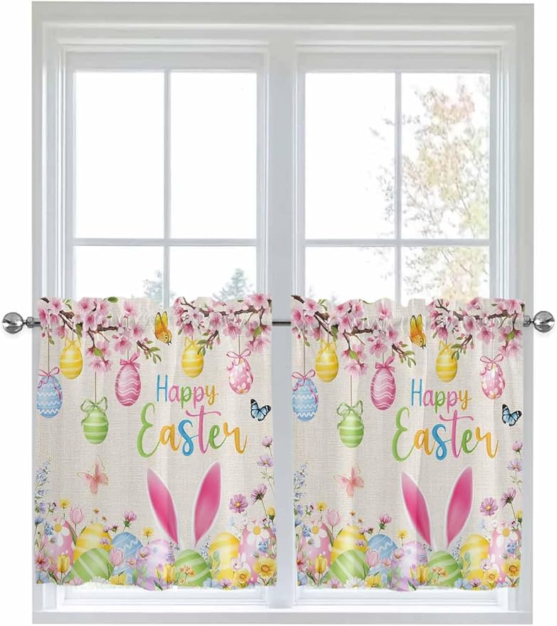 Happy Easter Half Window Curtain 36 Inches Long, Spring Farmhouse Bunny Eggs Flower Beige Window Treatment Curtain Drapes, Small Tier Curtains for Bathroom Over Sink, 27.5"x36", 2 Panels