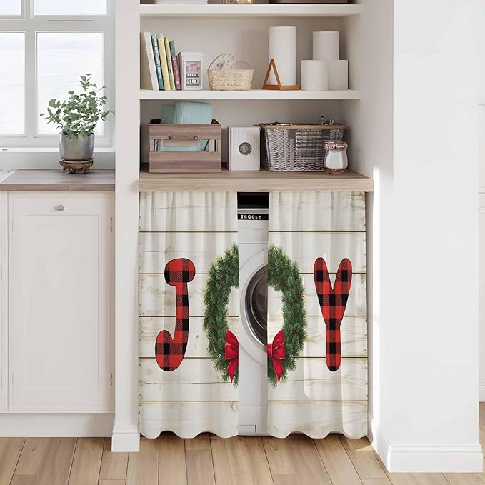 Christmas Wreaths Kitchen Curtains 54 Inch Long 2 Panel Set,Rod Pocket Window Curtains Panels,Winter Bow Plaid Farmhouse Wooden Grain Light Filtering Privacy Draperies for Bedroom Laundry 42"W x 54"L
