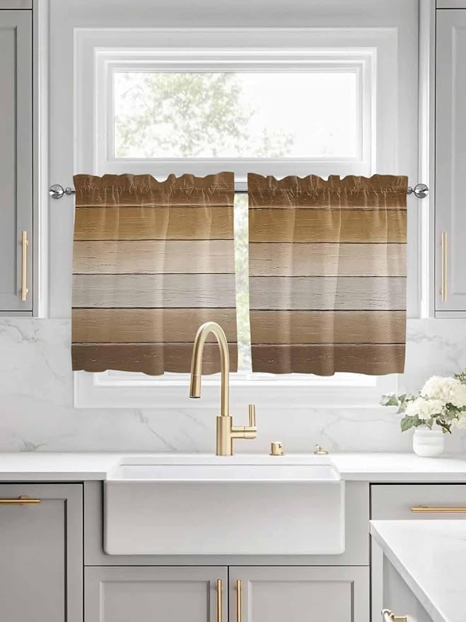 Vintage Brown Gradient Wood Grain Window Valance Curtains, Farmhouse Wood Barn Light Filtering Kitchen Valance with 3-inch Rod Pocket for Living Room Bathroom Bedroom,2 Panel,27.5x36In