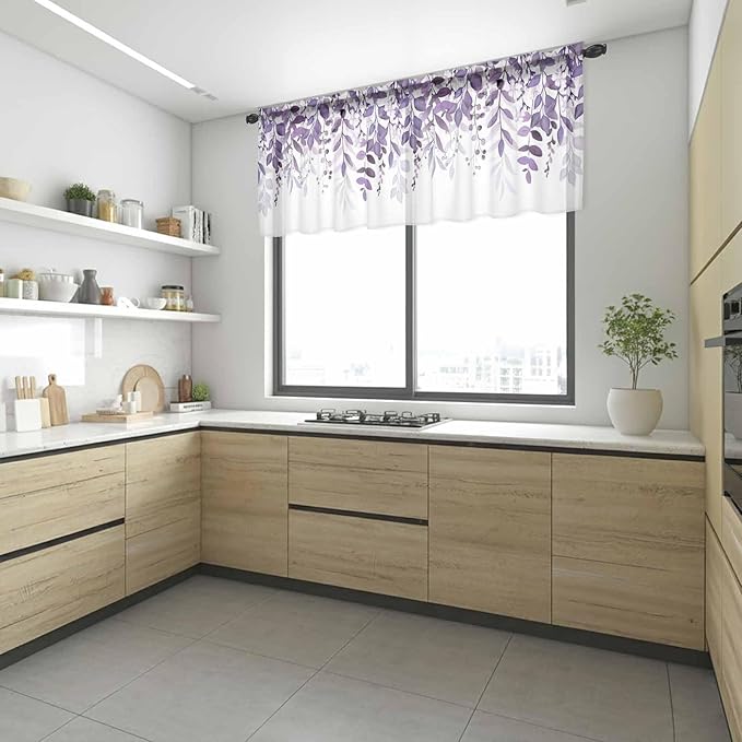 Eucalyptus Leaves Sheer Valance Curtains, Purple Leaves Idyllic Winds Farmhouses Light Filtering Kitchen Valances Rod Pocket Voile Curtain Window Treatment for Bedroom/Living Room/Basement 54Wx18L