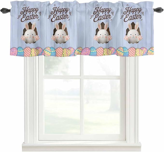 Blue Easter Curtain Valances for Windows, Kitchen Valance Window Treatment, Spring Cartoon Bunny Colorful Eggs Wood Grain Light Filtering Block Curtains for Bathroom/Bedroom/Living Room 42'' x 12''