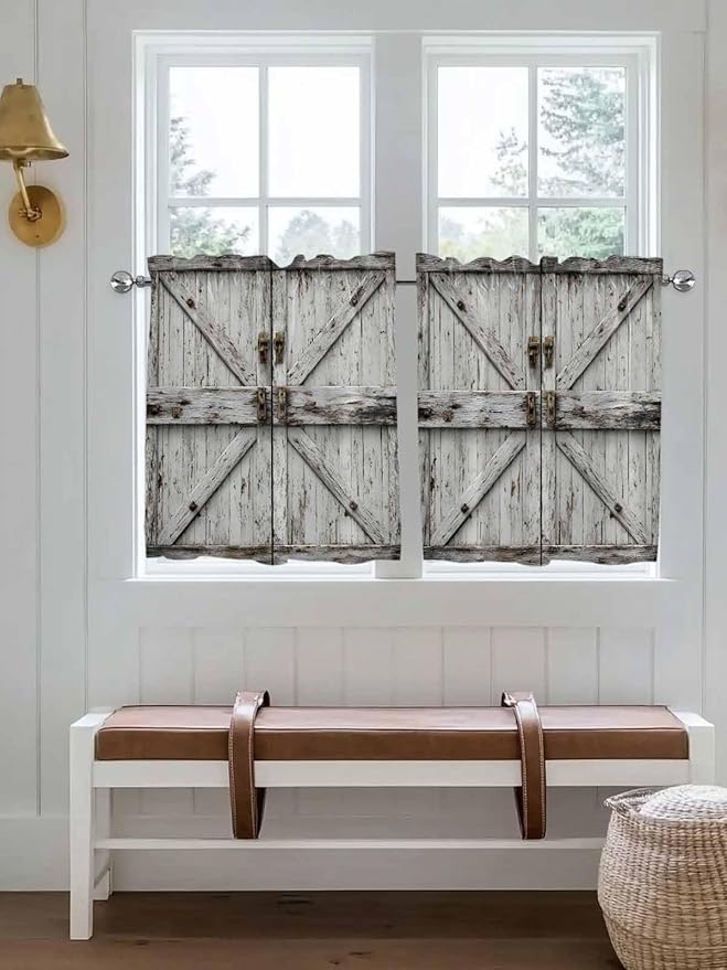 Vintage Gate Half Window Curtain 36 Inches Long, Farmhouse Wooden Grain Shabby Chic Door Window Treatment Curtain Drapes, Small Tier Curtains for Bathroom Over Sink, 27.5"x36", 2 Panels