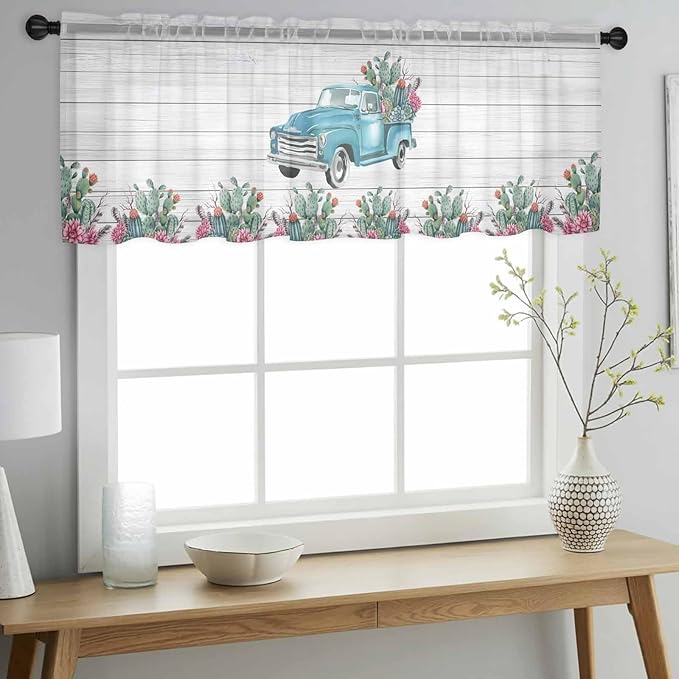 Farmhouse Sheer Valance Curtains, Summer Blue Car with Cactus Succulents Wood Grain Light Filtering Kitchen Valances Rod Pocket Voile Curtain Window Treatment for Bedroom/Living Room/Basement 60Wx18L