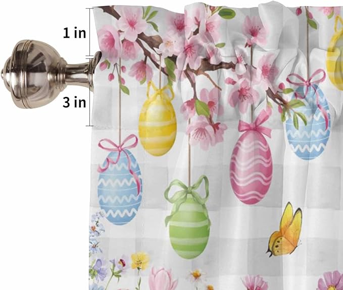 Happy Easter Half Window Curtains 24 Inches Long, Spring Watercolor Bunny Eggs Flower Grey Plaid Window Treatment Curtain Drapes, Short Curtains Tiers for Kitchen Over Sink, 27.5"x24", 2 Panels