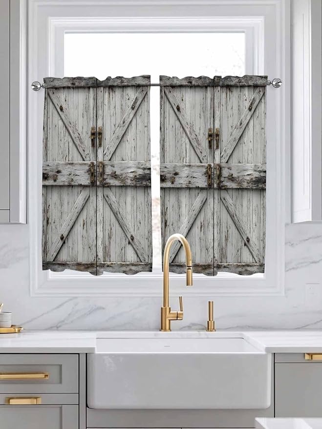 Vintage Gate Tier Curtains 45 Inches Long, Farmhouse Wooden Grain Shabby Chic Door Window Treatment Curtain Drapes, Small Curtain Drapes for Bathroom Laundry Room, 27.5"x45", 2 Panels
