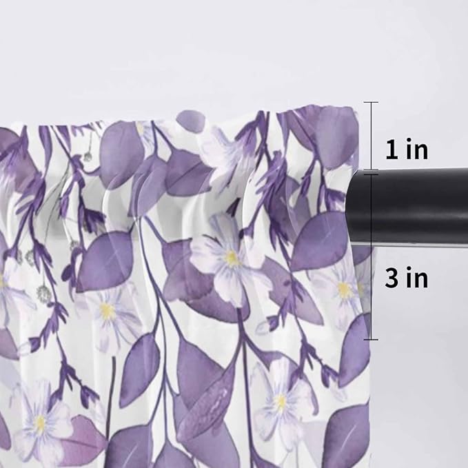 Eucalyptus Leaves Sheer Valance Curtains, Purple Leaves Idyllic Winds Farmhouses Light Filtering Kitchen Valances Rod Pocket Voile Curtain Window Treatment for Bedroom/Living Room/Basement 42Wx12L
