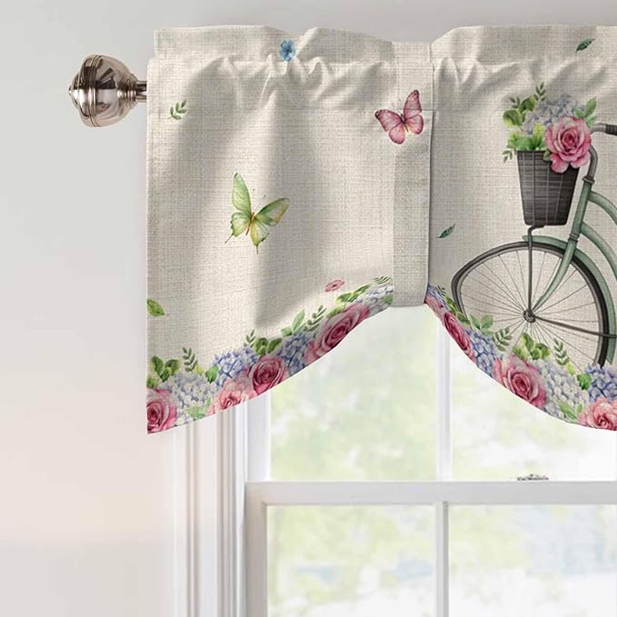 Farmhouse Spring Tie Up Valance Curtains for Windows, Kitchen Curtains Window Shades, Retro Bicycles Flowers Vines Butterfly Light Filtering Roman Curtain Valances for Bedroom/Bathroom/Cafe 54"x18"