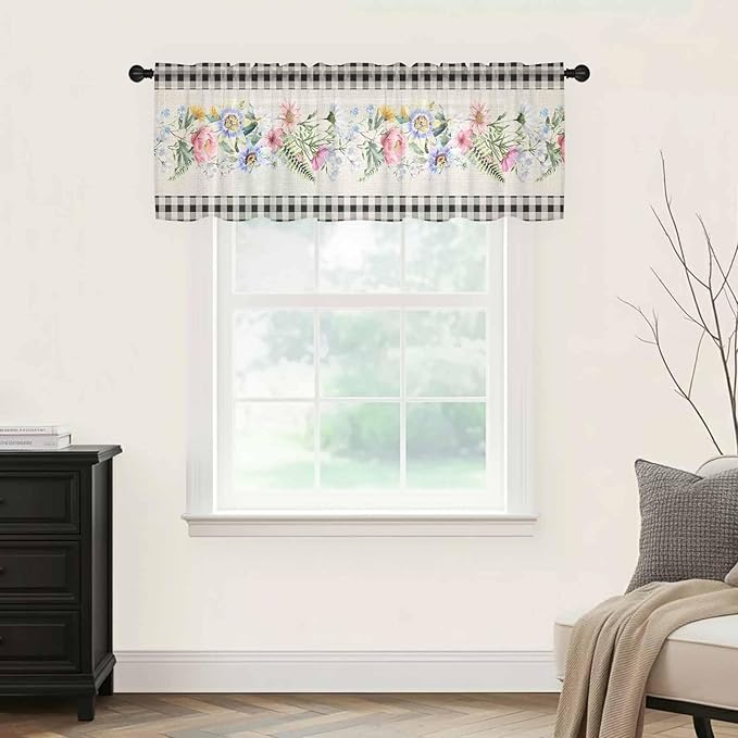Blue Pink Floral Sheer Valance Curtains, Spring Summer Botanical Linen Black Plaid Light Filtering Kitchen Valances Rod Pocket Voile Curtain Window Treatment for Bedroom/Living Room/Basement 42Wx18L