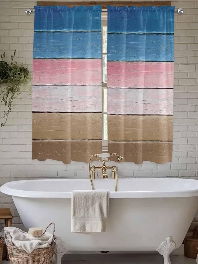 Blue Pink Brown Gradient Wood Grain Window Valance Curtains, Vintage Wood Board Light Filtering Kitchen Valance with 3-inch Rod Pocket for Living Room Bathroom Bedroom,2 Panel,52x72In