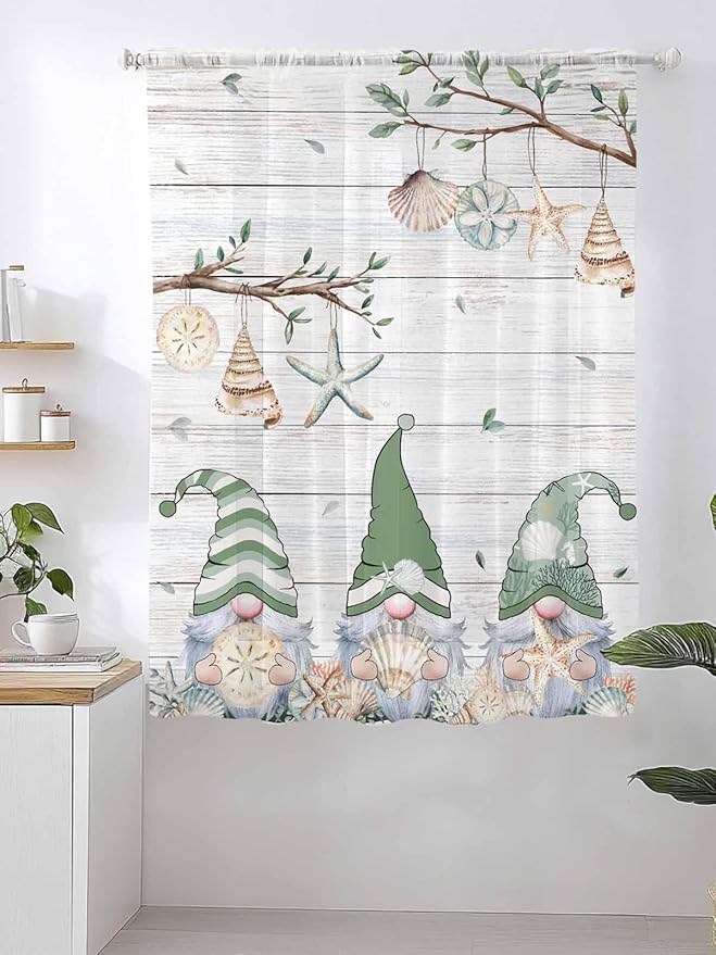 Sheer Curtains 63 Inch Length, Sage Green Gnomes Semi Sheer Curtains Light Filtering Window Treatment, Eucalypus Coastal Anchor Retro Wood Privacy Voile Drapes for Living Room Bedroom 52x63 Inch