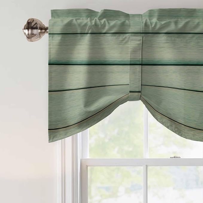 Daisy Flower Tie Up Valance Curtains for Windows, Kitchen Curtains Window Shades, Modern Art Floral Farmhouse Teal Wooden Grain Light Filtering Roman Curtain Valances for Bedroom/Bathroom/Cafe 42"x12"
