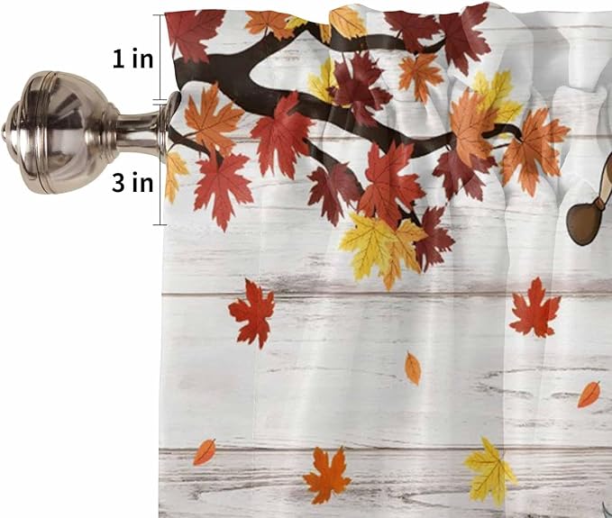 Fall Gnomes Kitchen Curtain Set, Thanksgiving Maple Leaf Grey Wood Grain Window Valance and Tiers 36" Length, Light Filtering Short Curtains Valance for Cafe Bathroom Bedroom 54"x18"