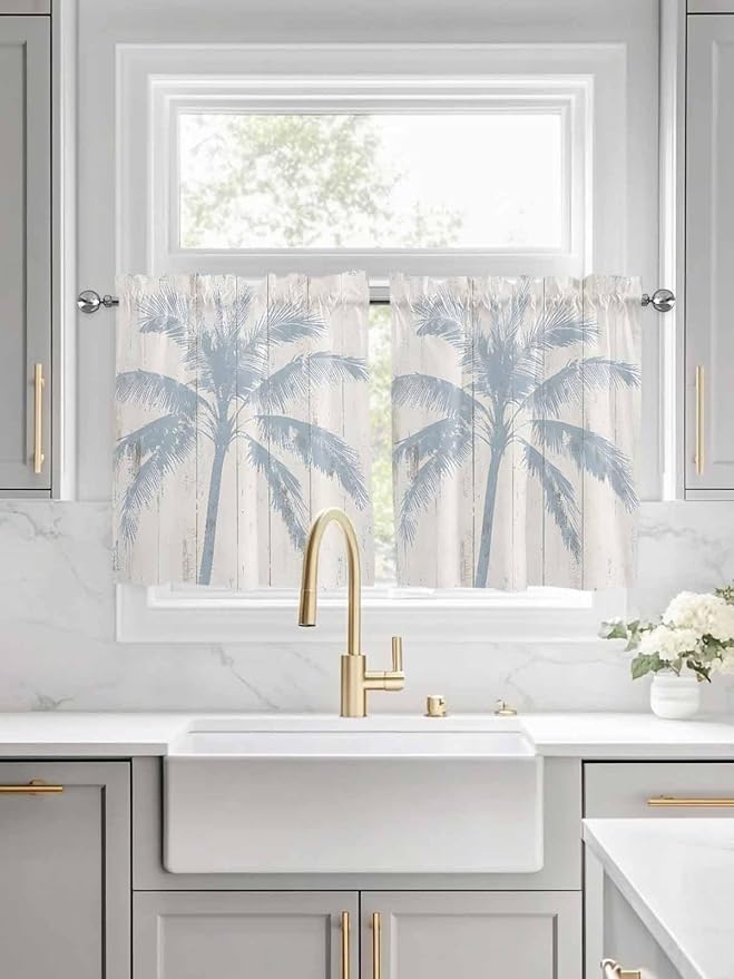 Summer Coconut Tree on Vintage Wood Grain Window Valance Curtains, Seaside Plants Light Filtering Kitchen Valance with 3-inch Rod Pocket for Living Room Bathroom Bedroom,2 Panel,27.5x24In
