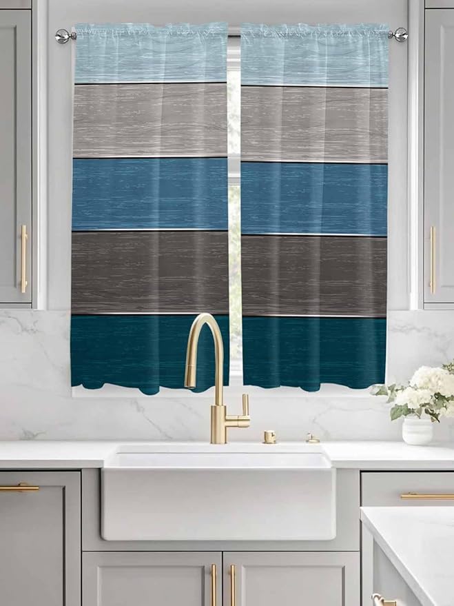 Retro Farm Blue Gray Wood Grain Window Valance Curtains, Rustic Wooden Plank Light Filtering Kitchen Valance with 3-inch Rod Pocket for Living Room Bathroom Bedroom,2 Panel,42x63In