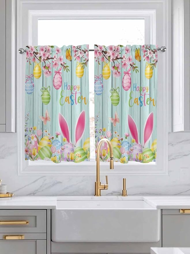 Happy Easter Kitchen Curtains 45 Inches length, Spring Bunny Eggs Flower Teal Wood Grain Window Treatment Curtain Drapes, Lightweight Window Panels for Living Room Bedroom, 52"x45", 2 Panels